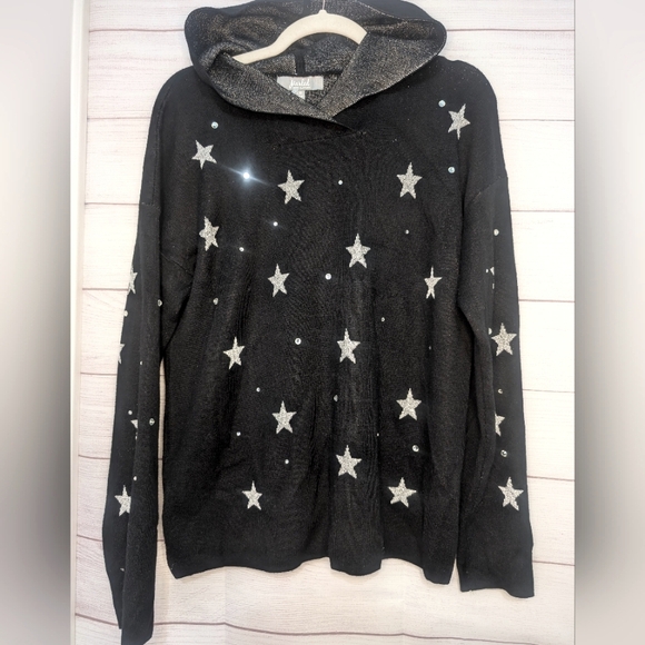 Nwot MARLED knit 🧶 Star 🌟 🌟 Print Hooded Sweater With Bling Size Large - Picture 2 of 11